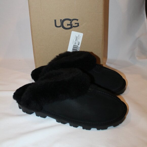 NIB UGG WOMEN'S COQUETTE BLACK SUEDE SHEARLING LINED SLIPPERS‎ 9 - Picture 2 of 6